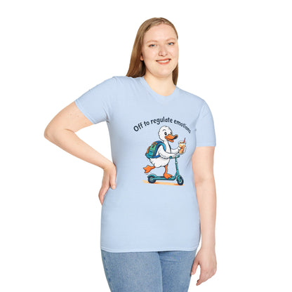 Duck on Scooter T-Shirt — "Off to regulate emotions" Cute Mental Health Tee