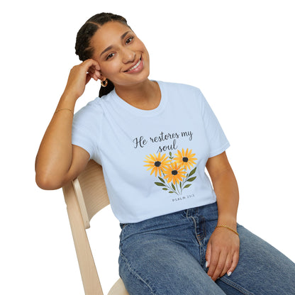 Floral Inspirational T-Shirt - He Restores My Soul, Thoughtful Gift for Comfort, Faith Apparel, Religious Wear, Everyday Inspiration