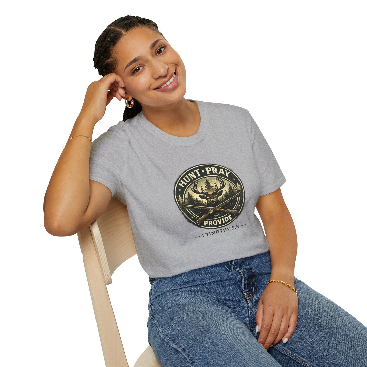 Hunt Pray Provide T‑Shirt — 1 Timothy 5:8 Hunting Faith Tee