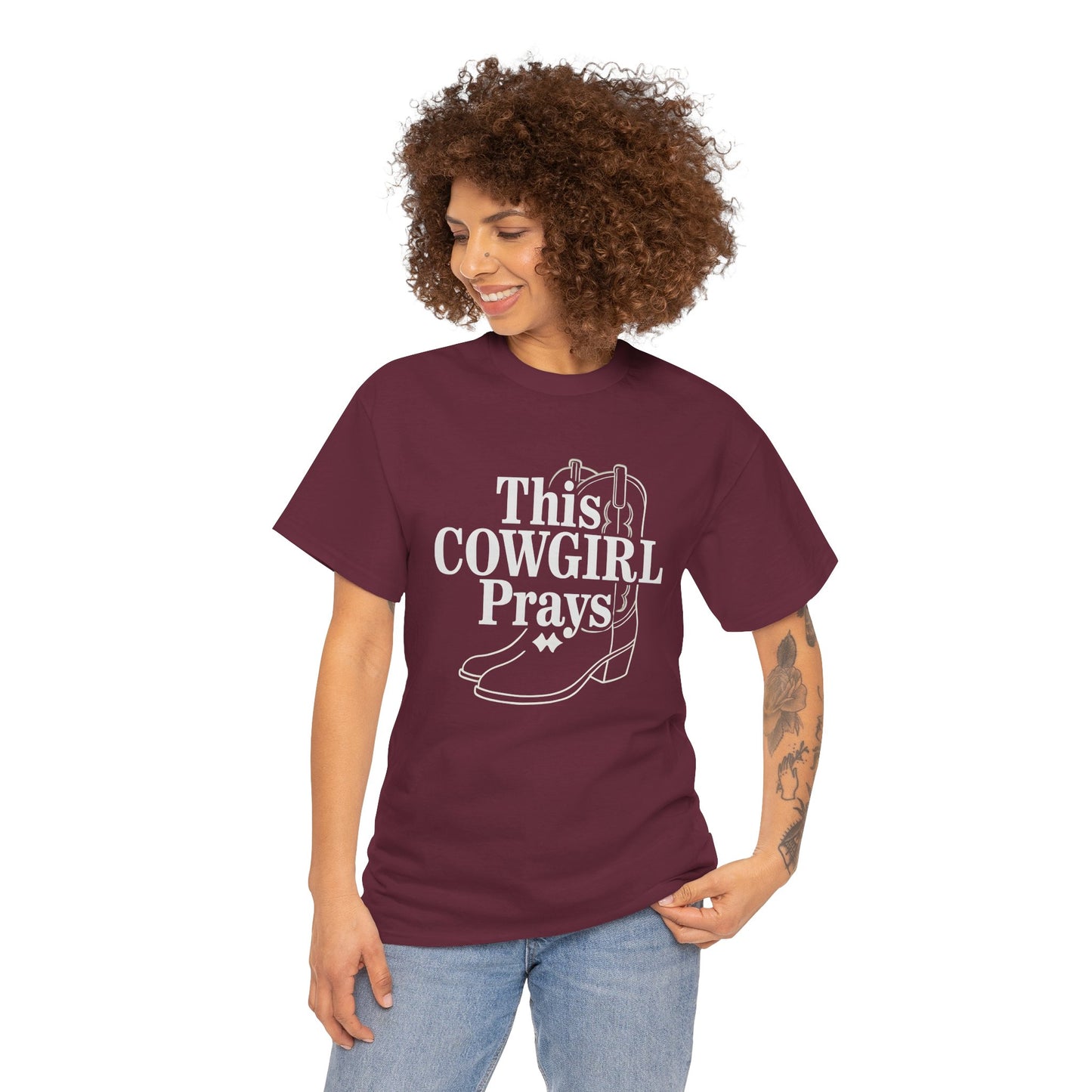 This Cowgirl Prays Unisex Heavy Cotton Tee, Western T-Shirt, Gift for Cowgirls, Rodeo Apparel, Faith-Based Fashion, Country Style Top