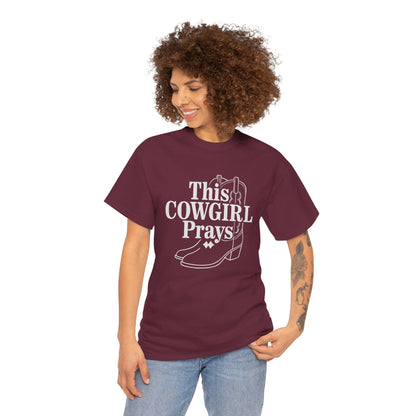 This Cowgirl Prays Unisex Heavy Cotton Tee, Western T-Shirt, Gift for Cowgirls, Rodeo Apparel, Faith-Based Fashion, Country Style Top