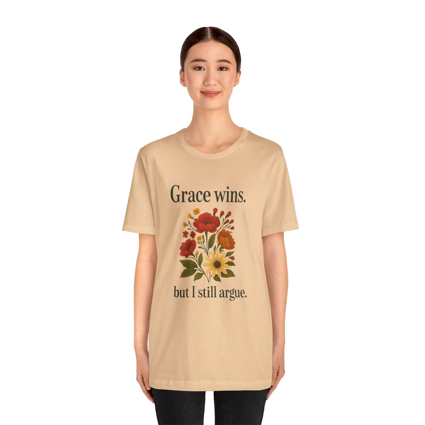 Floral Quote Tee, Grace Wins Short Sleeve T-Shirt, Unisex Graphic Tee, Gift for Friends, Casual Wear, Everyday Comfort