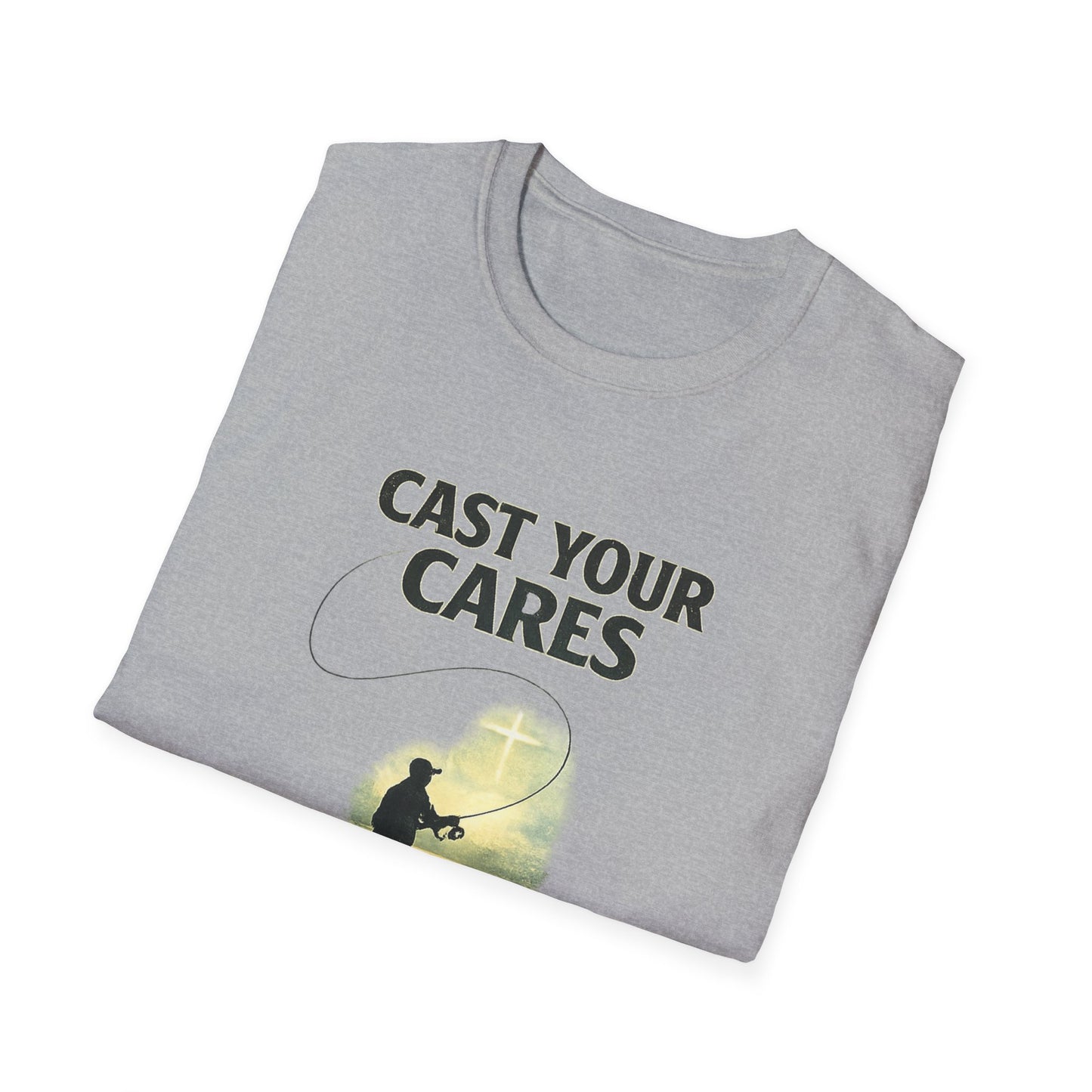 Cast Your Cares T-Shirt – Fishing Christian Graphic (1 Peter 5:7)