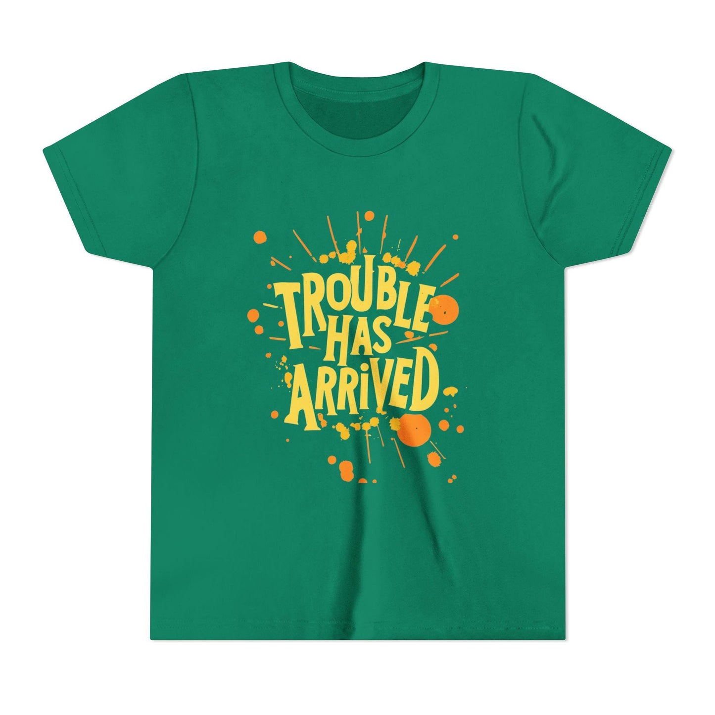 Trouble Has Arrived Youth Tee | Fun Graphic T-Shirt for Kids | Birthday Gift | Playdate Apparel | Summer Fashion