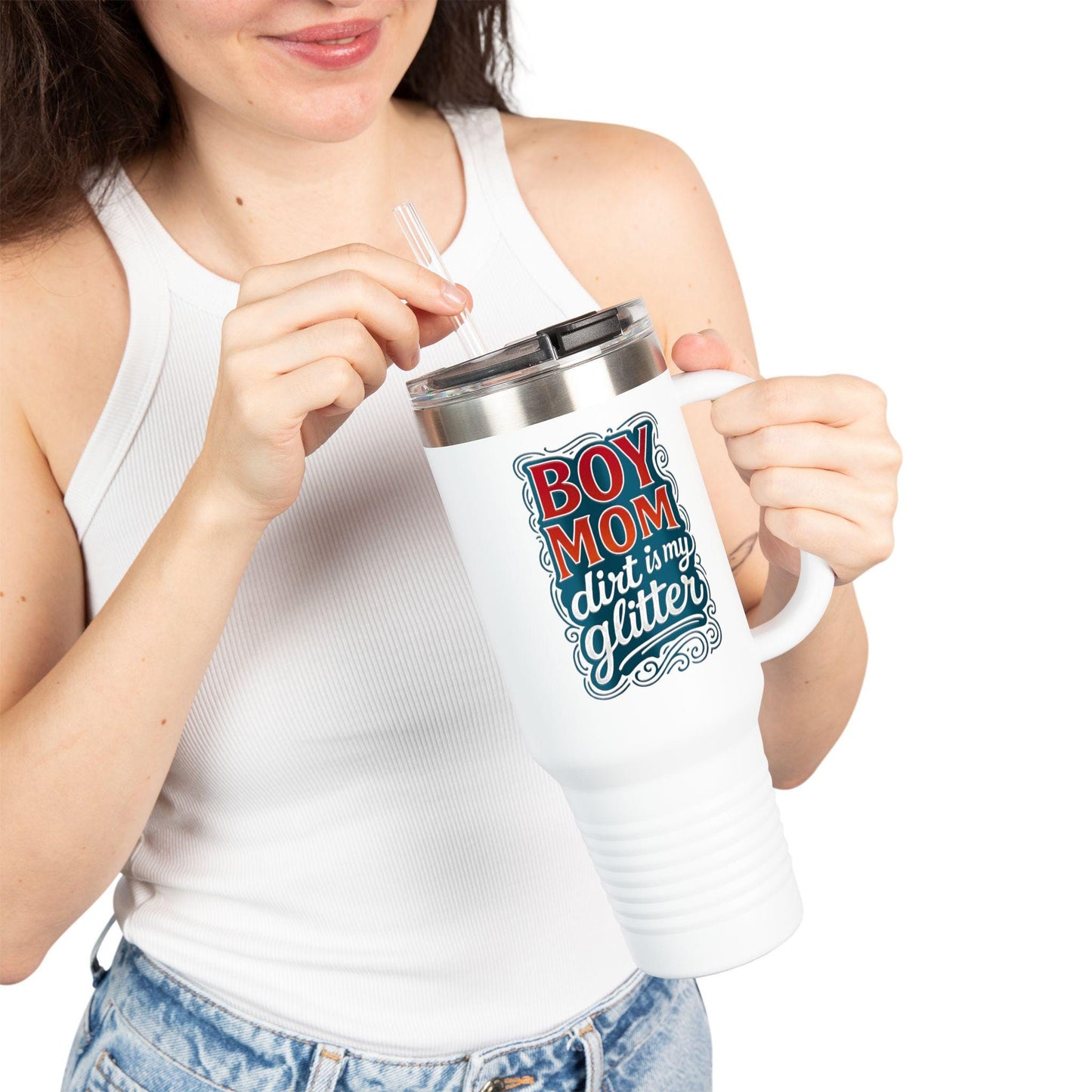 Stylish Insulated Travel Mug for Busy Moms, Boy Mom Gift, 40oz Coffee Tumbler, Glitter Design, Large Reusable Drink Cup